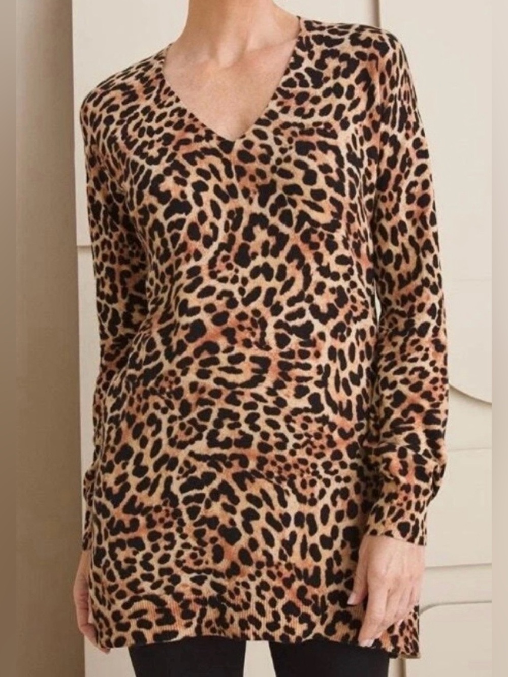 Chico’s‎ Leopard Sweater Tunic V-Neck Long Length Soft Size XL